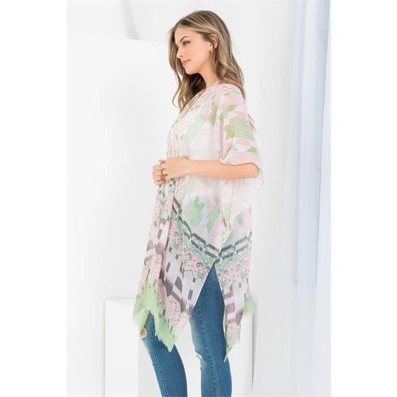 Olive Multi Pattern Open Front Kimono - Picture 3 of 6